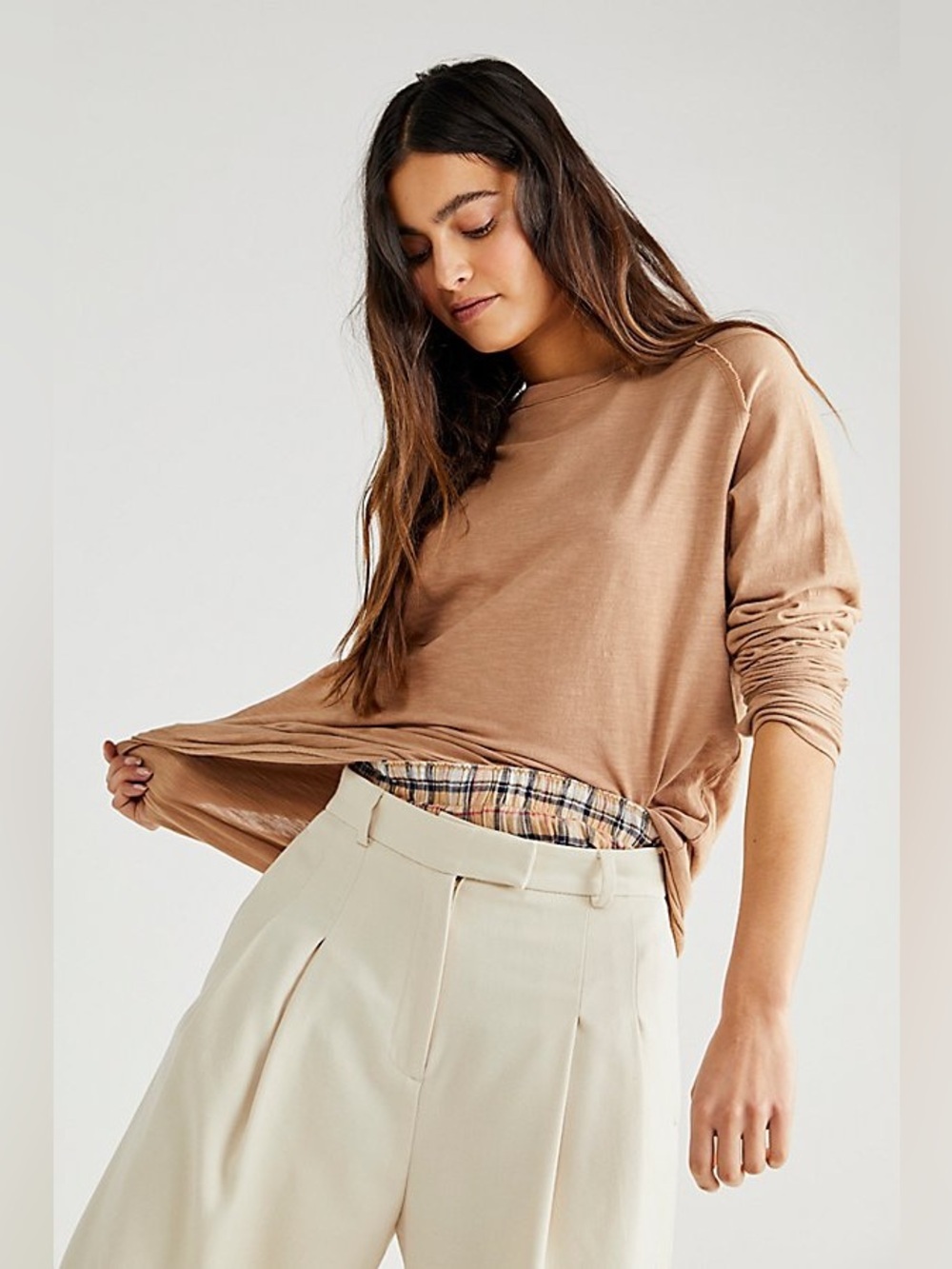 Free People We The Free Arden Tee Long Sleeve Size XS Oversized In Camel Cotton